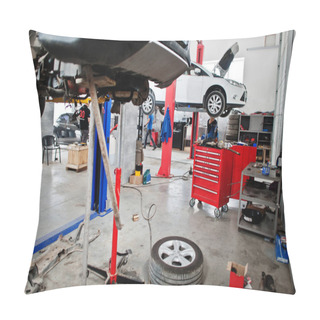 Personality  Cars Lifting In Maintenance At Garage Service Station. Pillow Covers