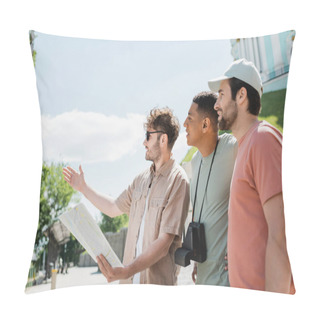 Personality  Side View Of Young Guide With City Map Pointing With Hand Near Multicultural Travelers On Andrews Descent In Kyiv Pillow Covers