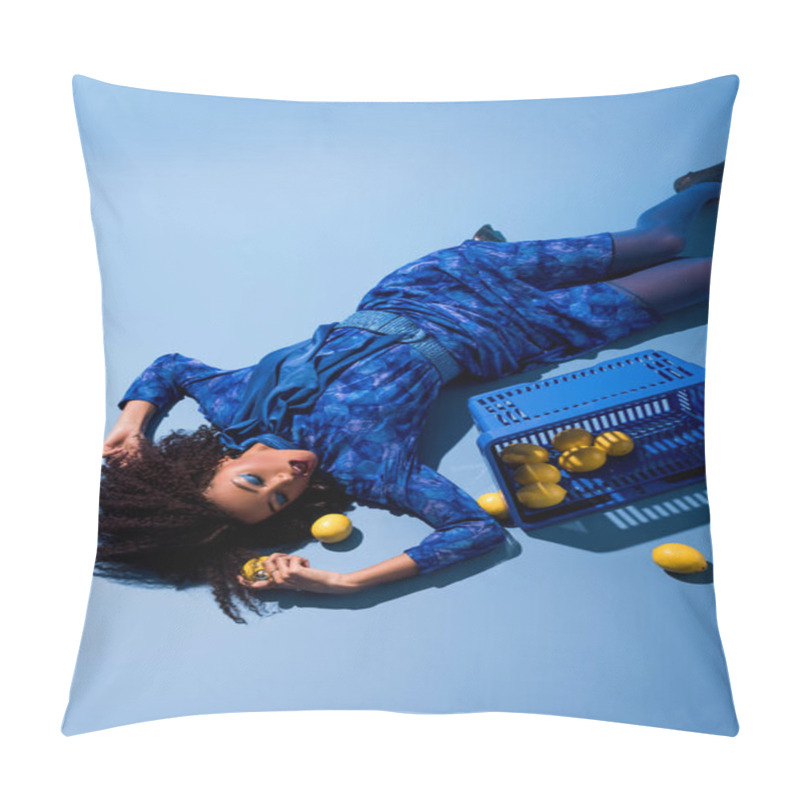 Personality  High Angle View Of African American Woman Lying With Shopping Basket And Lemons On Blue Background  Pillow Covers