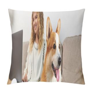 Personality  Corgi Dog Sitting On Couch Near Happy Curly Woman Using Laptop While Working From Home, Banner Pillow Covers