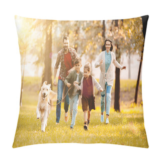 Personality  Laughing Family Running With Dog On Meadow In Park With Setting Sun Behind Pillow Covers