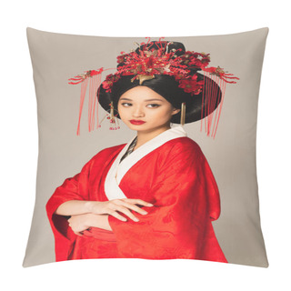 Personality  Pretty Asian Woman With Red Lips And Traditional Clothes Isolated On Grey  Pillow Covers