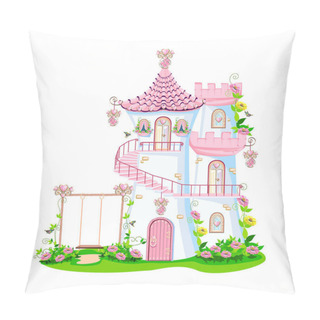 Personality  Fairy Tale Castle Of A Beautiful Princess With A Spiral Staircase, Towers, Windows, A Door And A Swing. Vector Illustration Of Fairytale Architecture On A White Background. Pillow Covers