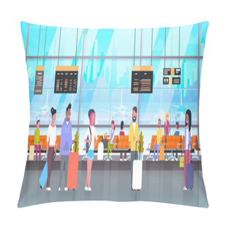 Personality  People In Airport Travelers With Baggage At Waiting Hall Or Departure Lounge Terminal Check In Interior Pillow Covers
