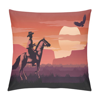 Personality  Silhouette And Monochrome Scenery Cowboy In Savannah Field Go Back Home On Sunset Time,red Color Style,vector Illustration Pillow Covers