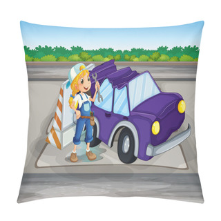 Personality  A Girl Fixing A Purple Car Pillow Covers