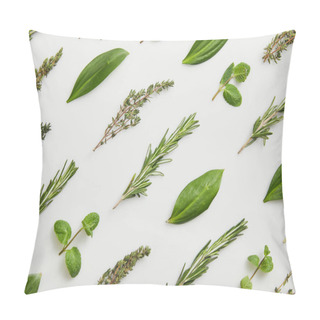 Personality  Flat Lay With Mint, Rosemary And Thyme On Grey Background Pillow Covers