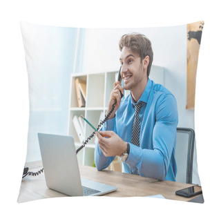 Personality  Smiling Travel Agent Talking On Phone While Holding Pencil Pillow Covers
