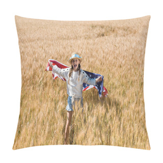 Personality  Cute And Happy Kid Holding American Flag In Golden Field  Pillow Covers