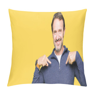 Personality  Middle Age Handsome Man Wearing A Sweater Looking Confident With Smile On Face, Pointing Oneself With Fingers Proud And Happy. Pillow Covers