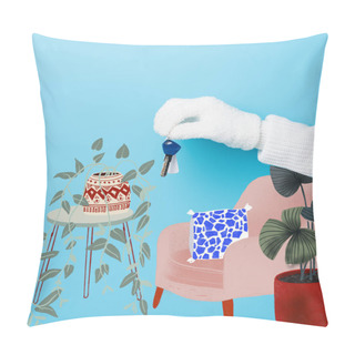 Personality  Cropped View Of Woman In White Glove Holding Key Near Armchair And Plants Illustration On Blue Pillow Covers