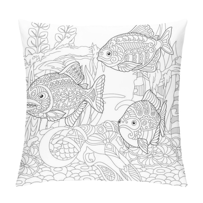 Personality  Piranhas. South American freshwater predatory fishes. Coloring Page. Colouring picture. Adult Coloring Book idea. Freehand sketch drawing. Vector illustration. pillow covers