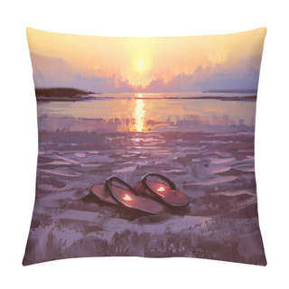 Personality  Flip Flops With Lovely Hearts On The Beach At Sunset Pillow Covers