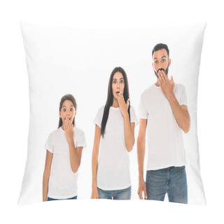 Personality  Surprised Parents And Kid Covering Faces Isolated On White  Pillow Covers
