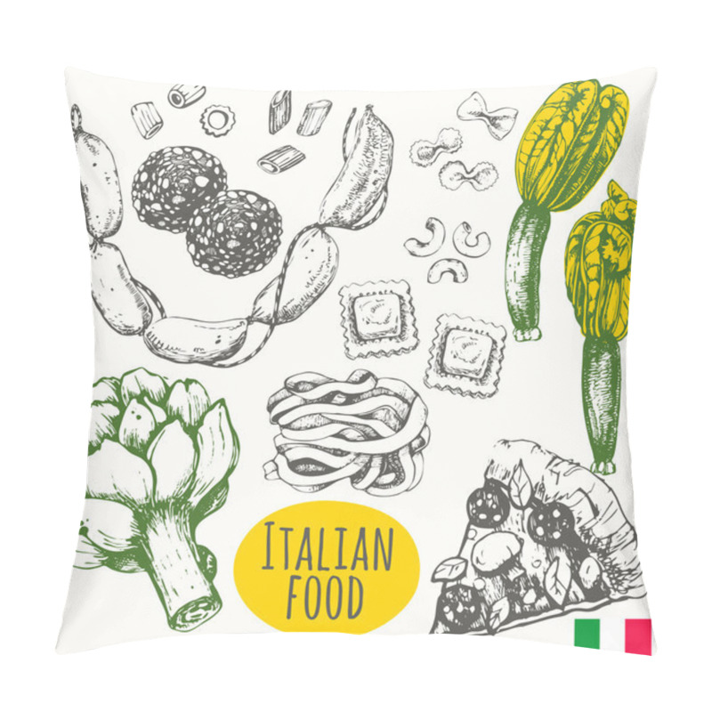 Personality  Italian food in the sketch style. Mediterranean traditional products. pillow covers