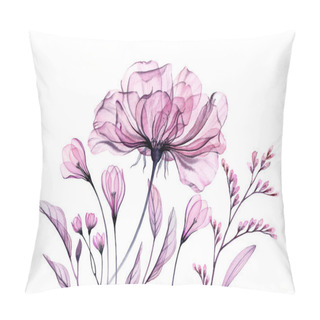 Personality  Floral Artwork With Rose In Pink. Watercolor Banner. Hand Painted Bouquet With Transparent Purple Flower And Leaves Isolated On White. Abstract Botanical Illustration Pillow Covers