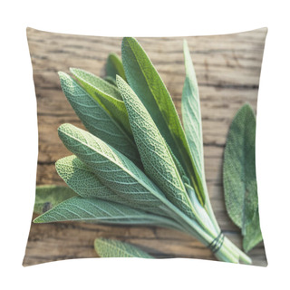 Personality  Fresh Leaves Of Garden Sage On The Wooden Background. Pillow Covers