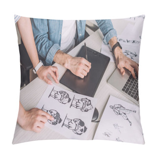 Personality  Cropped View Of Illustrator Pointing With Finger At Cartoon Sketch Near Coworker  Pillow Covers