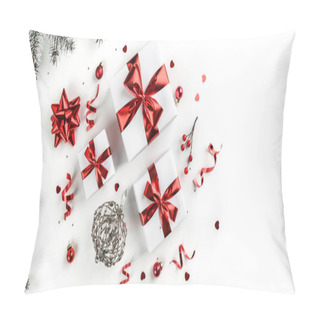 Personality  Christmas Fir Branches, Gift Boxes With Red Ribbon, Red Decoration, Sparkles And Confetti On White Background. Xmas And New Year Greeting Card, Winter Holiday. Flat Lay, Top View Pillow Covers