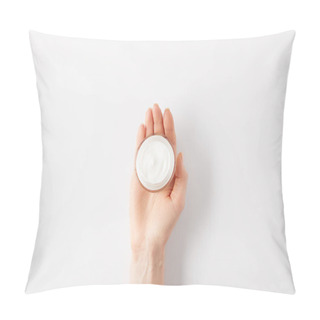 Personality  Cropped Image Of Woman Holding Organic Cream In Container  Pillow Covers