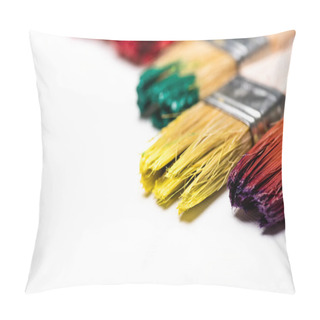 Personality  Close Up View Of Dirty Paintbrushes On White Background Pillow Covers