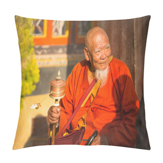 Personality  Portrait Of Unidentified Buddhist Monk Near Stupa Boudhanath Pillow Covers