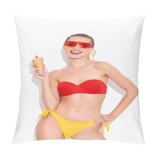 Personality  Excited Woman With Hand On Hip Looking At Camera While Holding Ice Cream On White Pillow Covers