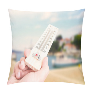 Personality  Hand Holding Thermometer On City With Lake Background Pillow Covers