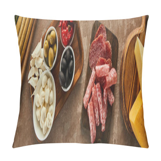 Personality  Top View Of Cheese, Salami Slices And Antipasto Ingredients On Boards On Brown Background, Panoramic Shot Pillow Covers
