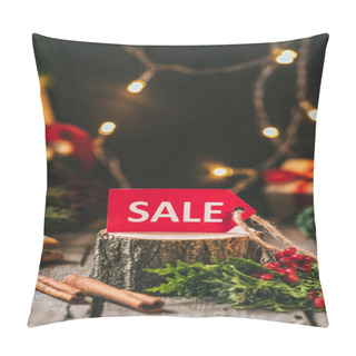 Personality  Red Christmas Sale Tag On Wooden Stump With Cinnamon Sticks And Light Garland Pillow Covers