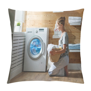 Personality  Happy Housewife Woman In Laundry Room With Washing Machine  Pillow Covers