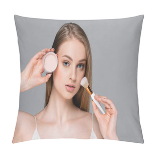 Personality  Young Woman Holding Cosmetic Brush And Face Powder Isolated On Gray Pillow Covers