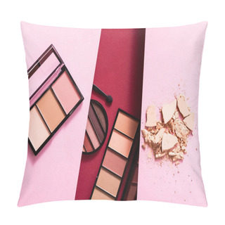 Personality  Top View Of Pastel Eye Shadow And Blush Palettes Near Cracked Face Powder On Pink And Crimson Pillow Covers