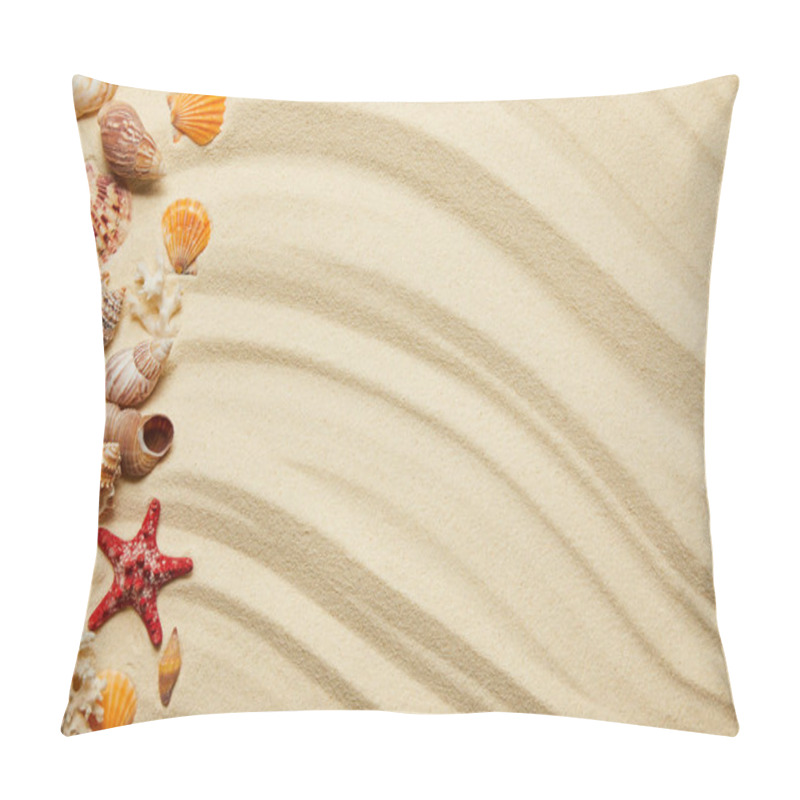 Personality  flat lay of seashells, red starfish and corals on sandy beach  pillow covers