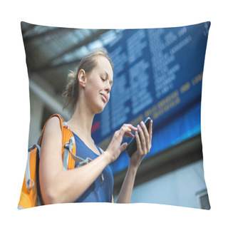 Personality  Woman In A Train Station, Sending Message Pillow Covers