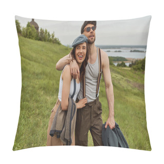 Personality  Cheerful And Bearded Man In Sunglasses And Vintage Outfit Hugging Brunette Girlfriend In Newsboy Cap And Standing Together In Rural Landscape, Trendy Couple In The Rustic Outdoors Pillow Covers