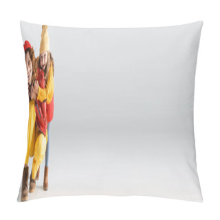 Personality  Mother And Daughter In Colorful Red And Yellow Outfits Hugging On Grey Background, Panoramic Shot Pillow Covers