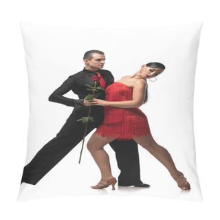 Personality  Passionate, Elegant Dancers Holding Red Rose While Performing Tango On White Background Pillow Covers