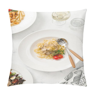 Personality  Pasta With Meat Gravy And Parmesan Cheese In White Plate Pillow Covers