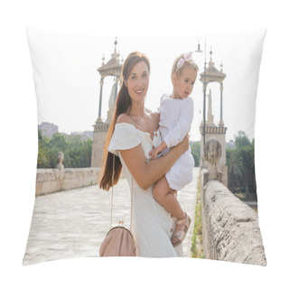 Personality  Positive Woman Holding Daughter In Dress On Puente Del Mar Bridge In Valencia Pillow Covers
