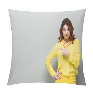 Personality  Young Curly Woman In Yellow Shirt Standing With Hand On Hip And Pointing With Finger On Grey  Pillow Covers