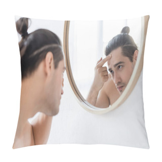 Personality  Shirtless Man With Hair Bun On Head Applying Face Cream And Looking At Mirror Pillow Covers
