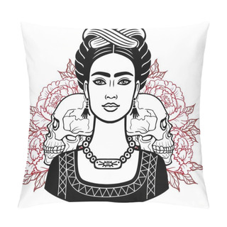 Personality Portrait Of The Beautiful Mexican Girl In Ancient  Clothes, Human Skulls, Background - The Stylized Roses. Vector Illustration Isolated On A White Background. Print, Poster, T-shirt, Card. Pillow Covers