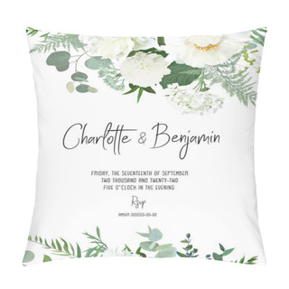 Personality  Creamy Peony, White Dahlia, Hydrangea, Eucalyptus, Silver Greenery, Sage Plants. Pillow Covers