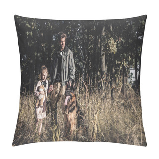 Personality  Handsome Man Standing In Field With Kid And German Shepherd Dog, Post Apocalyptic Concept Pillow Covers