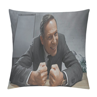 Personality  Smiling Insurance Agent With Hands In Fists Looking At Camera In Office  Pillow Covers