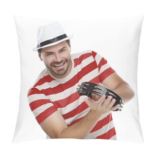 Personality  Happy Man In Colorful Shirt With Tambourine Pillow Covers
