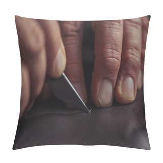 Personality  Cropped View Of Shoemaker Cutting Genuine Leather With Knife Pillow Covers