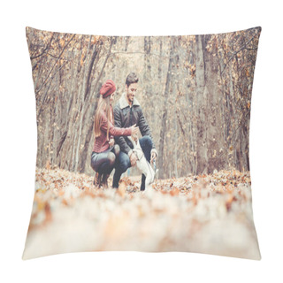 Personality  Woman And Man Petting The Dog Walking Her In A Colorful Fall Setting Having Fun In Nature Pillow Covers