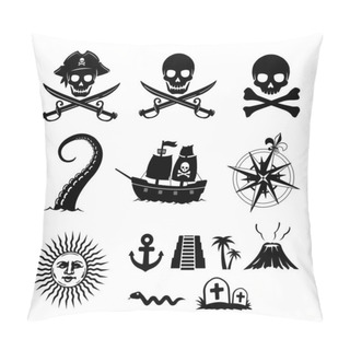 Personality  Pirate Flat Illustration Set (skull,anchor,volcano,ship,compass,sun,kraken Etc.) Pillow Covers